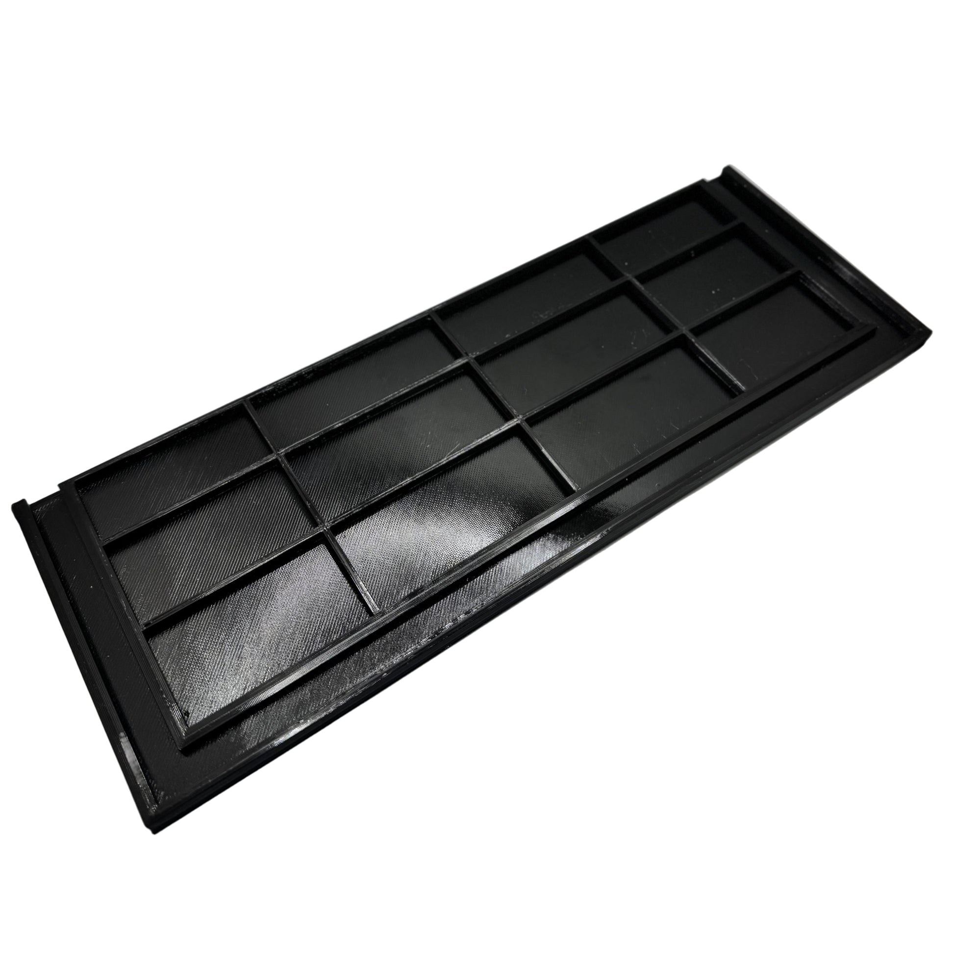 3D render of custom aquarium overflow covers installed on a glass reef tank. One version is solid black with vent slots, and the other is clear with the same vented design. Both covers sit on top of the overflow box to reduce noise, prevent fish from jumping, and keep debris out.
